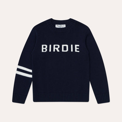 kids and toddler navy golf sweater with birdie written in white across chest