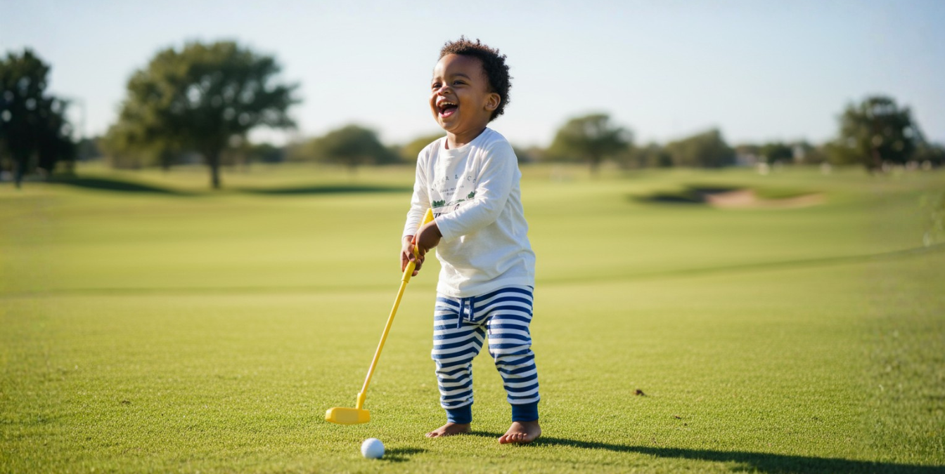 Toddler wearing golf-themed clothing while laughing and playing on a golf course.