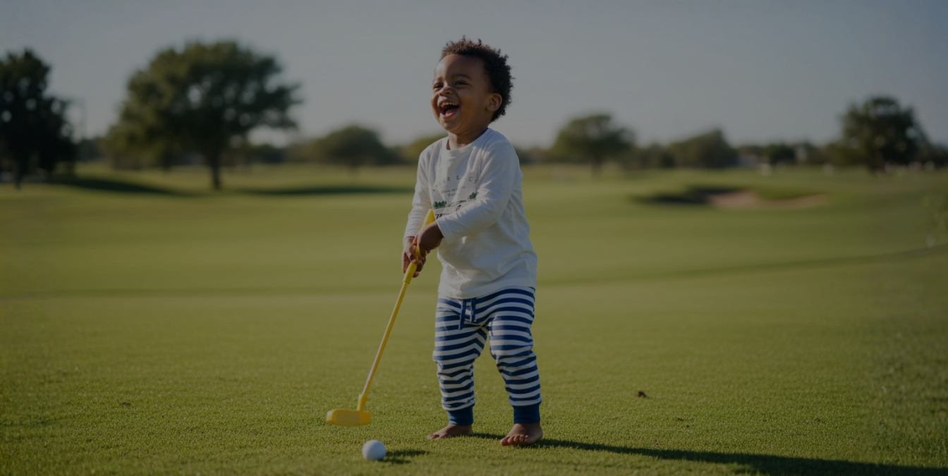 Toddler wearing golf-themed clothing while laughing and playing on a golf course.
