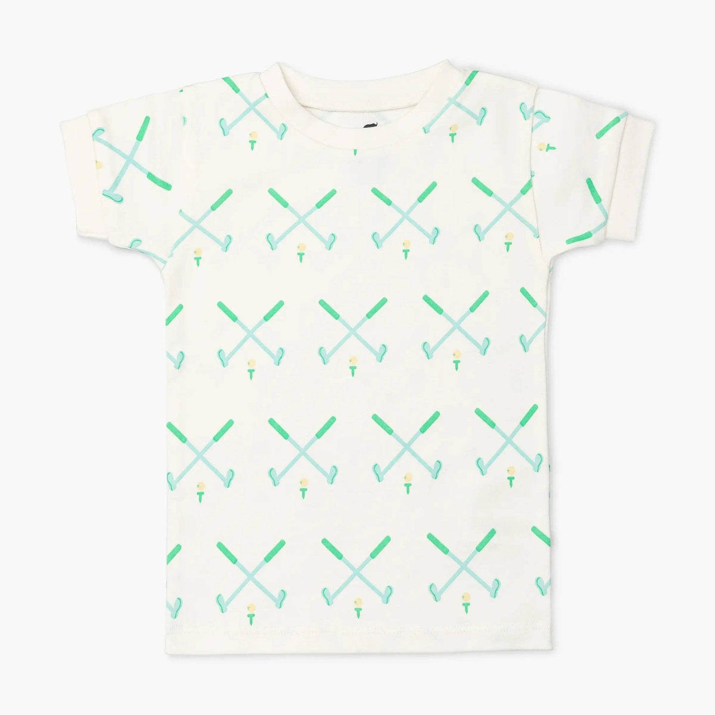 childrens white short sleeve pajama shirt with green golf pattern