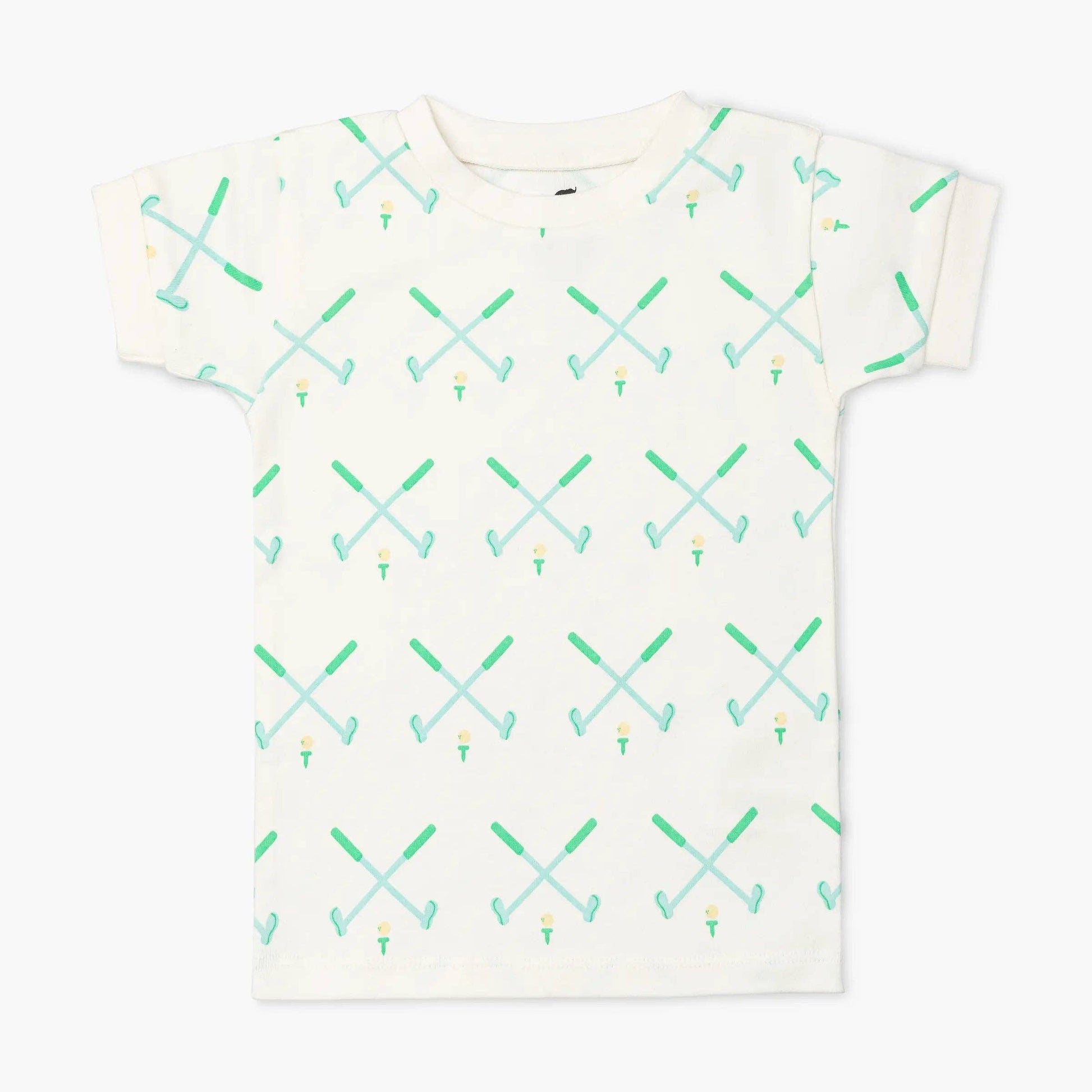 childrens white short sleeve pajama shirt with green golf pattern