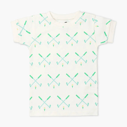 childrens white short sleeve pajama shirt with green golf pattern