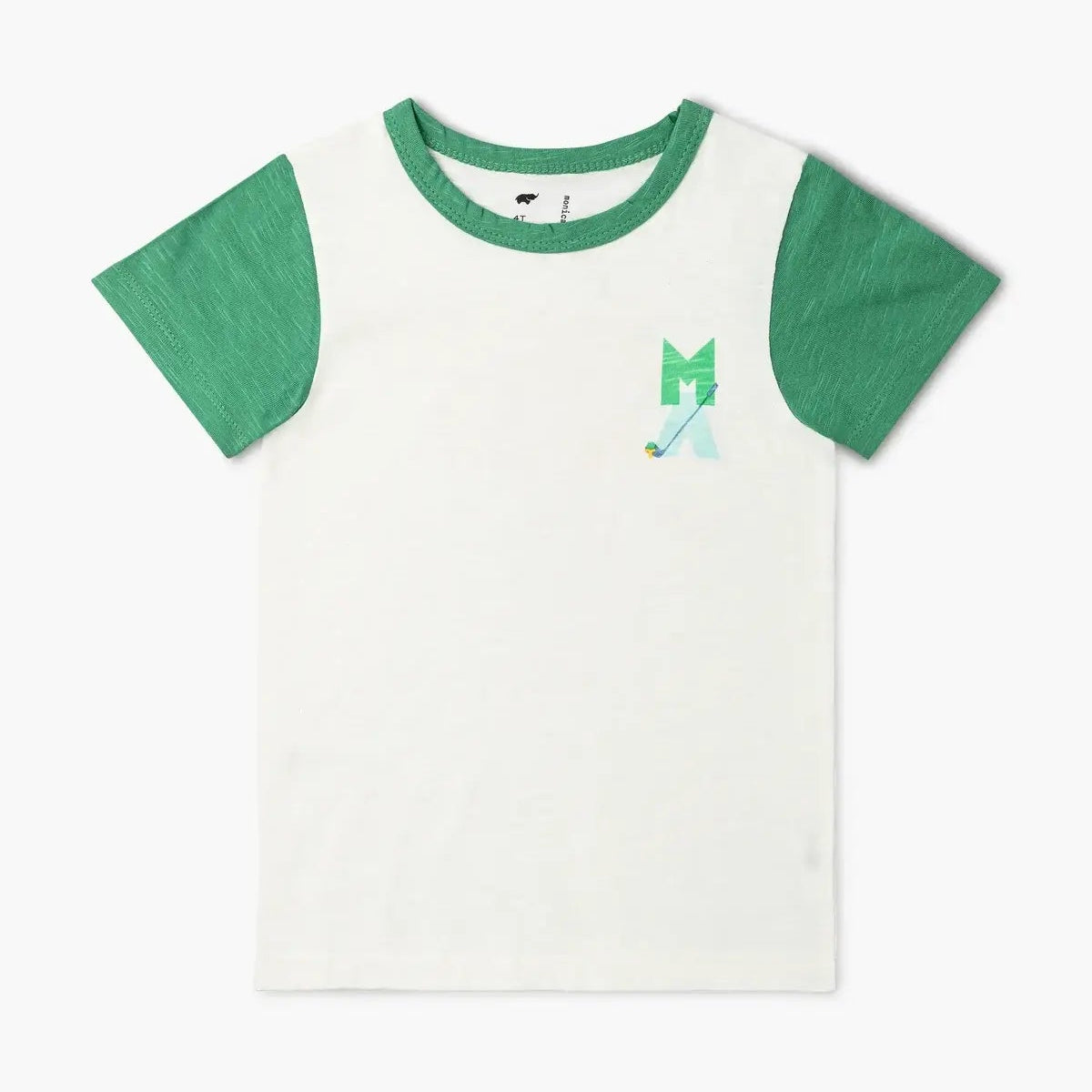 Front view of Monica and Andy kids golf T-shirt featuring small MA golf club emblem on white slub jersey with green sleeves – organic cotton top at Aster and Ace.