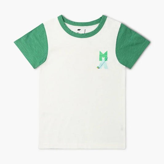 Front view of Monica and Andy kids golf T-shirt featuring small MA golf club emblem on white slub jersey with green sleeves – organic cotton top at Aster and Ace.