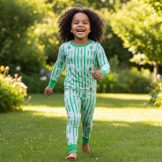 Child wearing green striped Masters inspired pajamas while walking outside