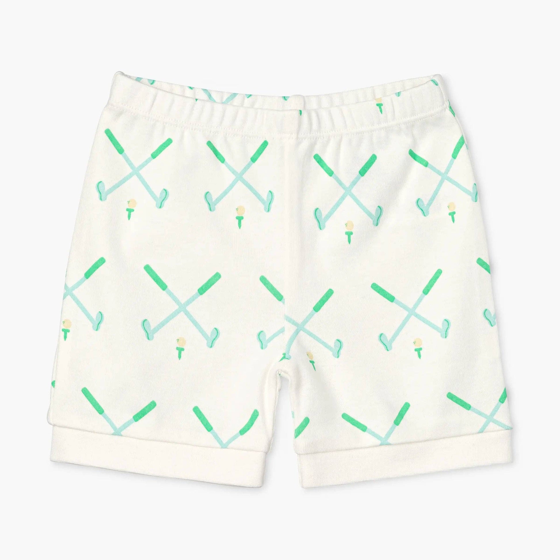 kids golf pj shorts white with green golf pattern