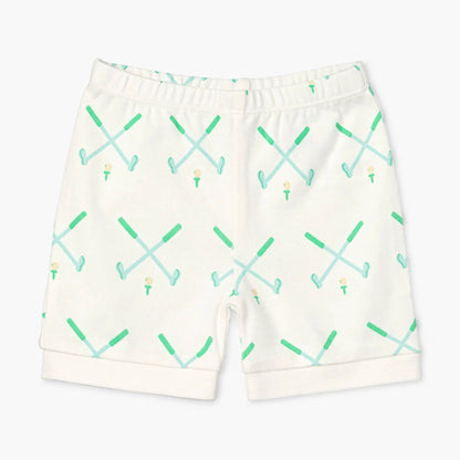 kids golf pj shorts white with green golf pattern