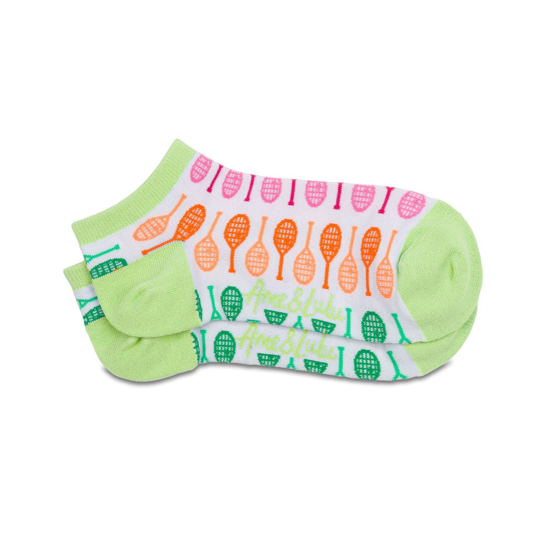 Folded pair of patterned ankle socks stacked together, displaying the colorful racket design and green cuff and heel details.