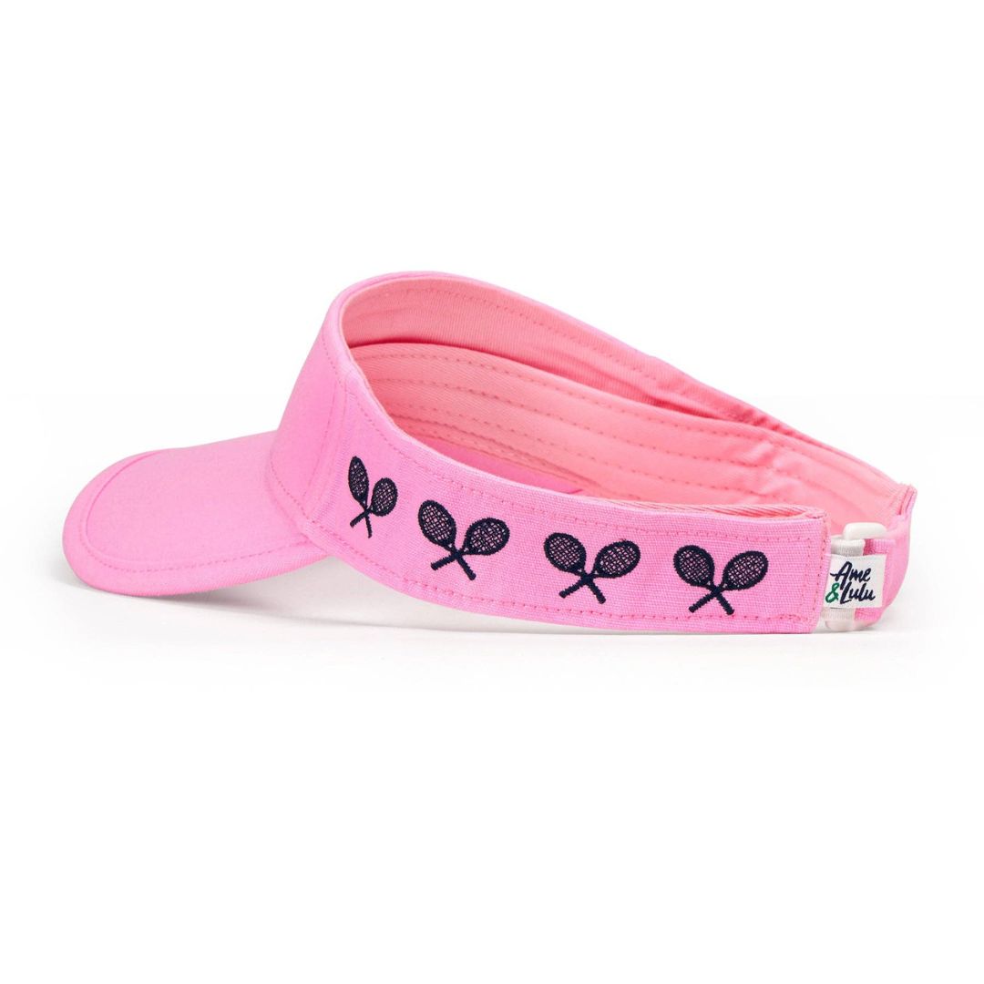 Pink kids canvas visor angled view showing embroidered racquet pattern and adjustable back