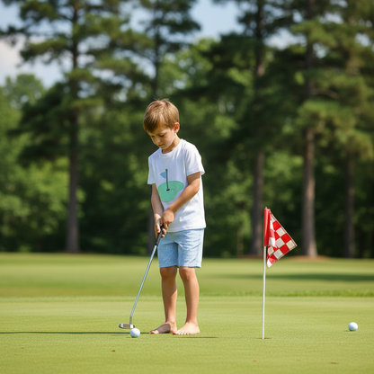 Toddler wearing golf hole shirt and shorts set practicing putting on a golf green