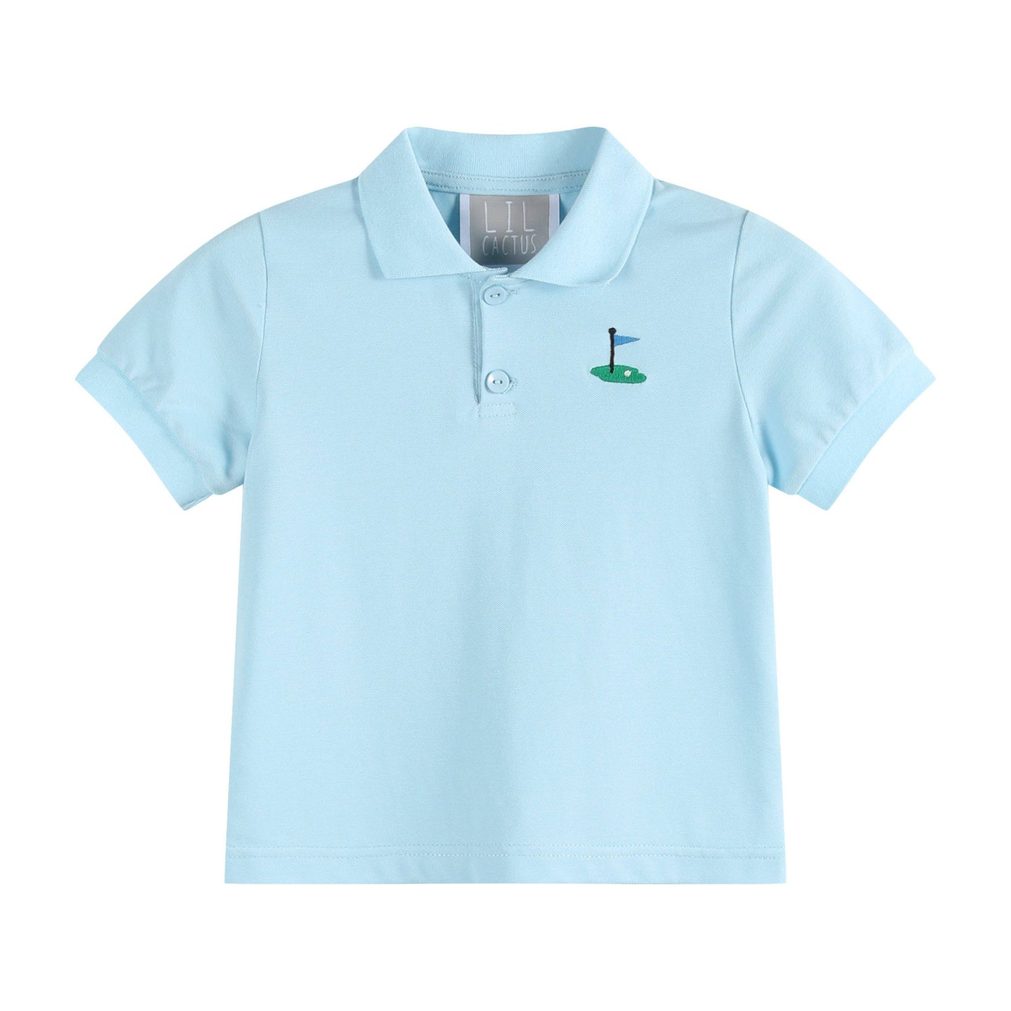 Light blue golf pin polo shirt for kids on white background
