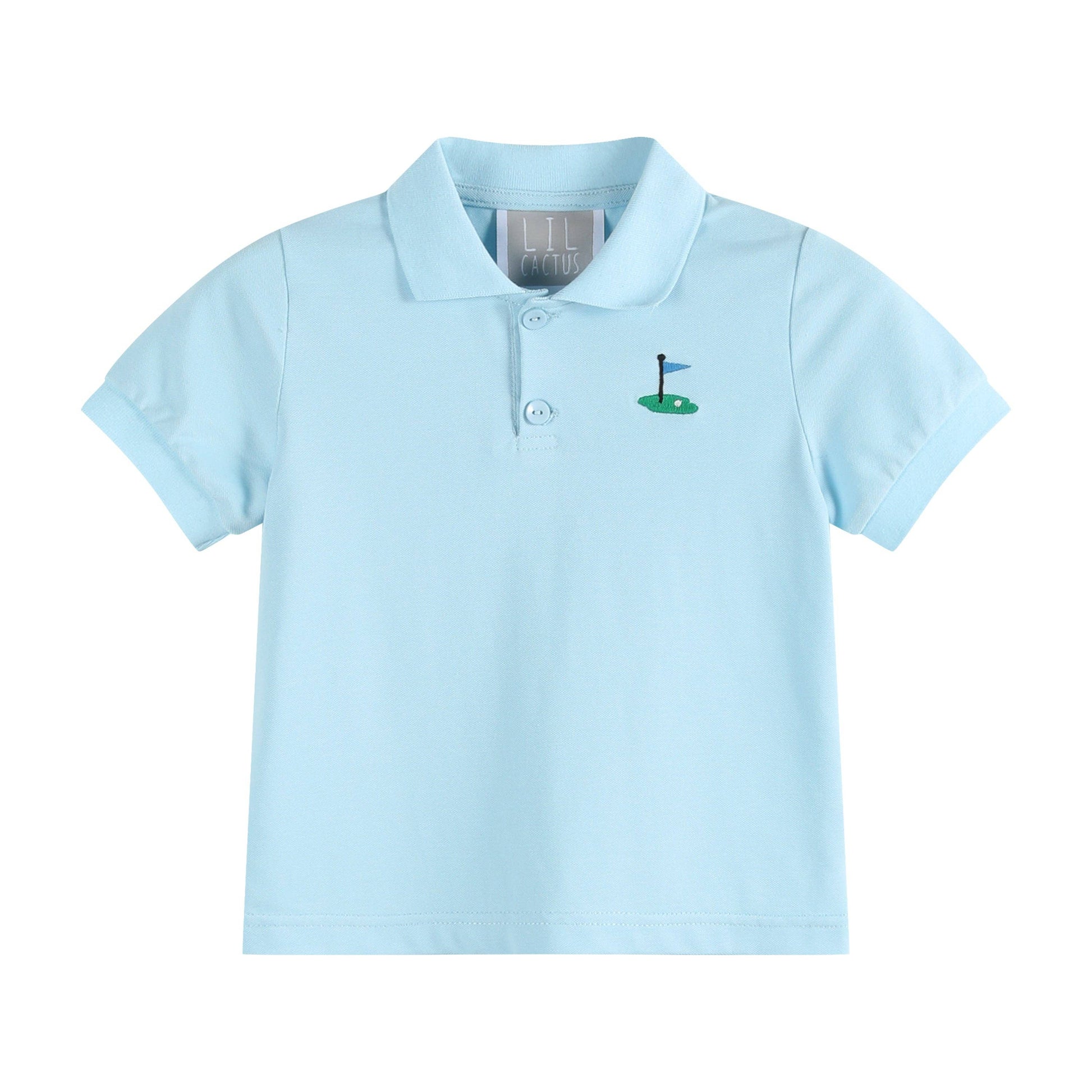 Light blue golf pin polo shirt for kids on white background