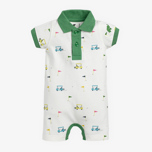 Baby romper with green collar and patterned golf design on a white background