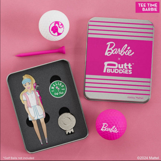 Tee Time Barbie golf divot tool gift set with protective tin, magnetic ball marker, and hat clip, styled with pink golf accessories