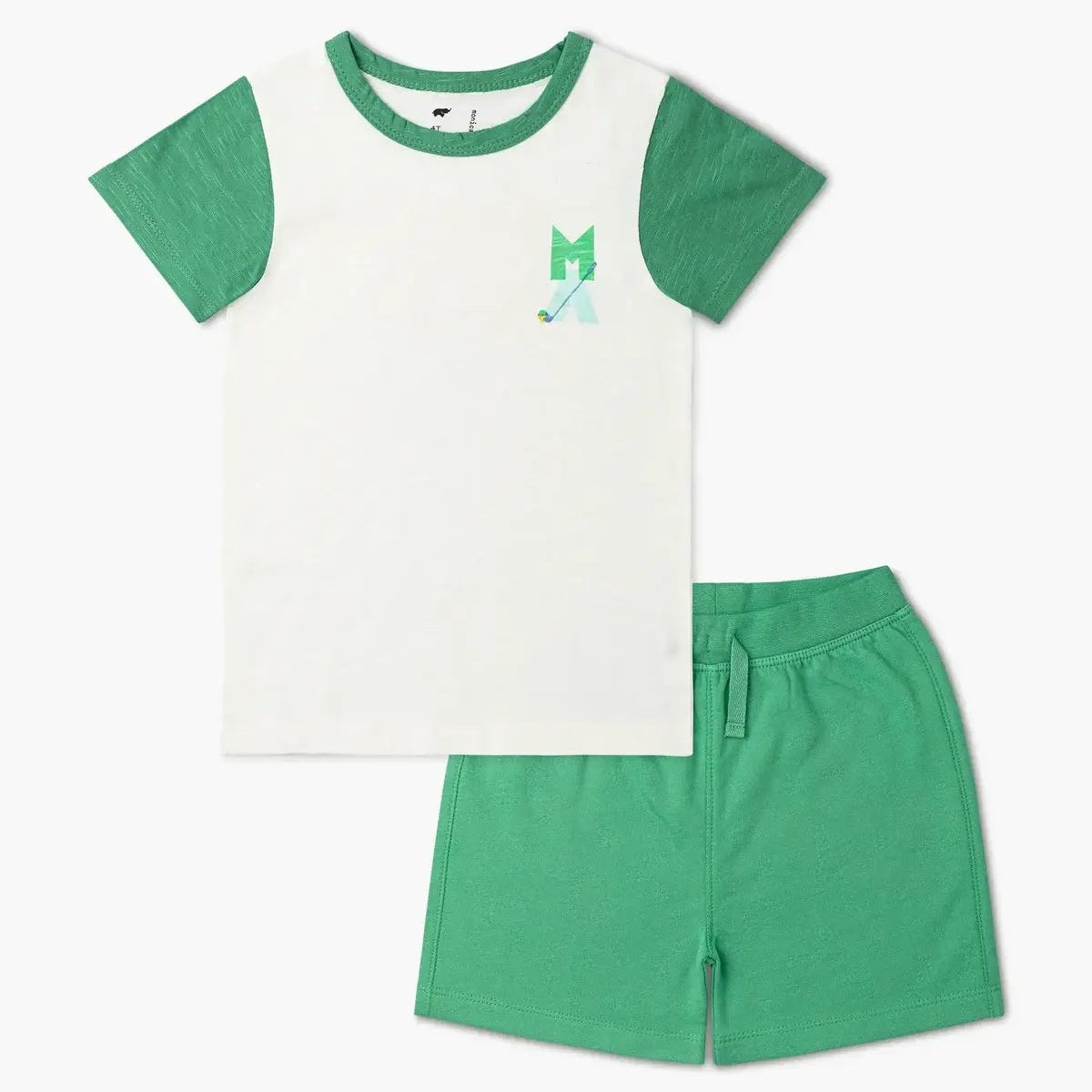Childrens golf outfit with white and green tshirt and green shorts. golf club detail on left pocket area.