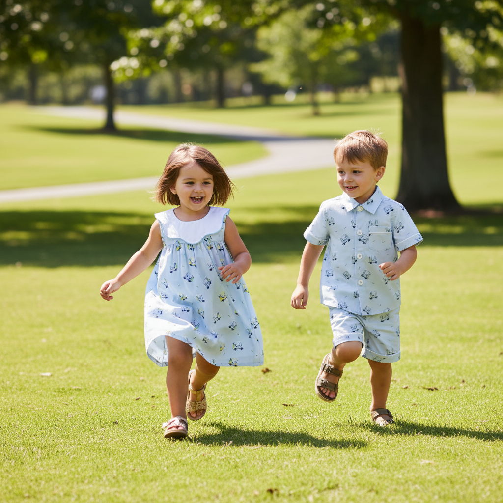 Brother and sister running together in coordinated Tatum Collection outfits on a sunny golf course