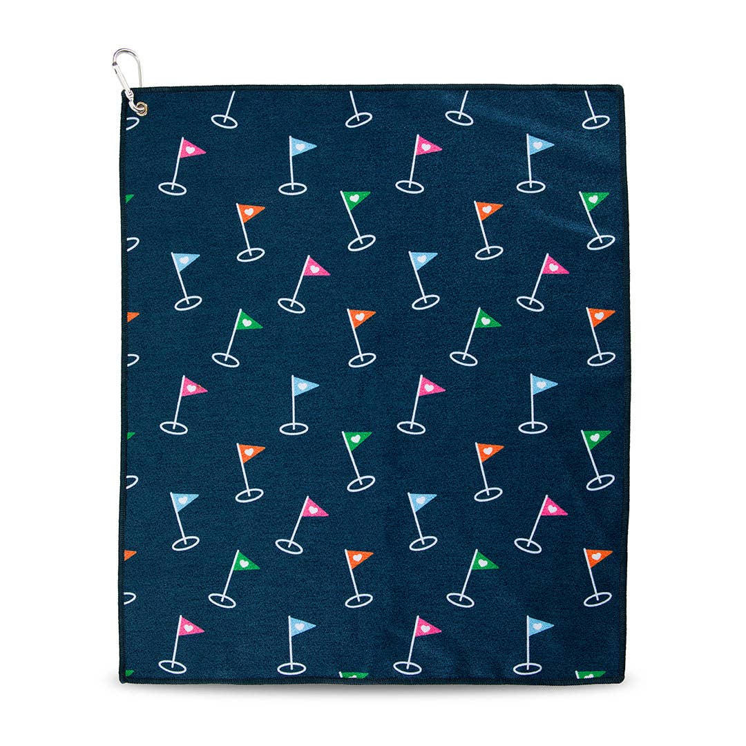 Navy microfiber golf towel with colorful flag pattern and attached metal carabiner clip