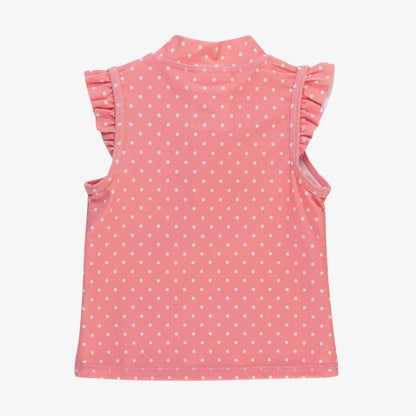 Back view of pink polka dot sleeveless girls top with ruffle shoulders