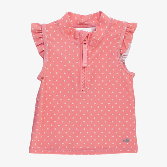 Pink sleeveless girls top with white polka dots, ruffle sleeves, and front zipper detail