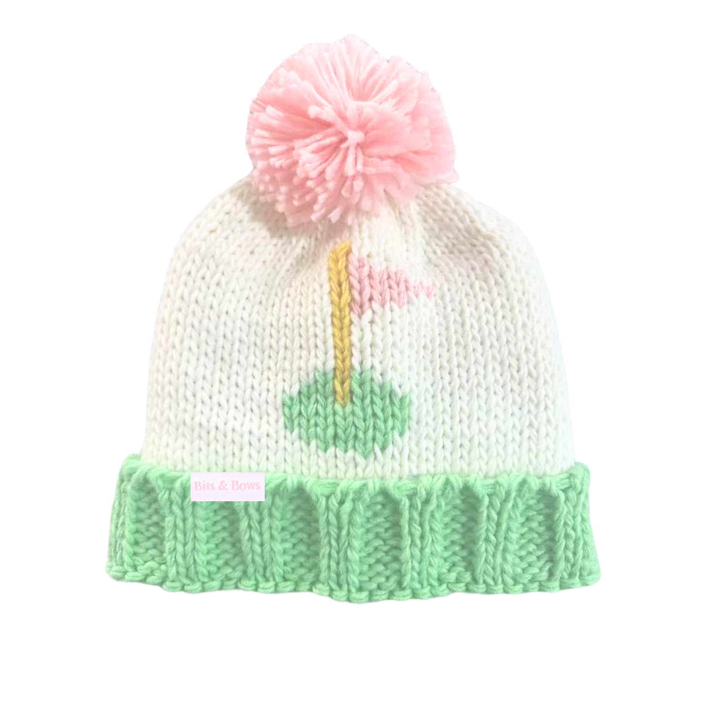 kids golf beanie with pink pin flag and pom and green trim