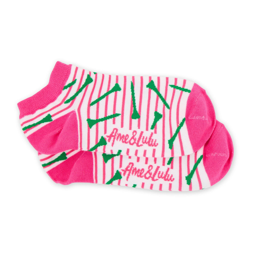 Pink and white striped ankle socks with green golf tee pattern and Ame & Lulu logo, stacked pair on white background