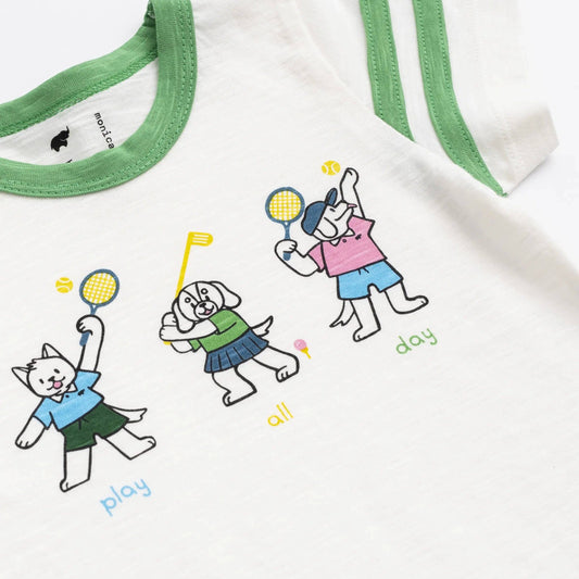 Children's t-shirt with cartoon characters playing golf and tennis and text on a white background