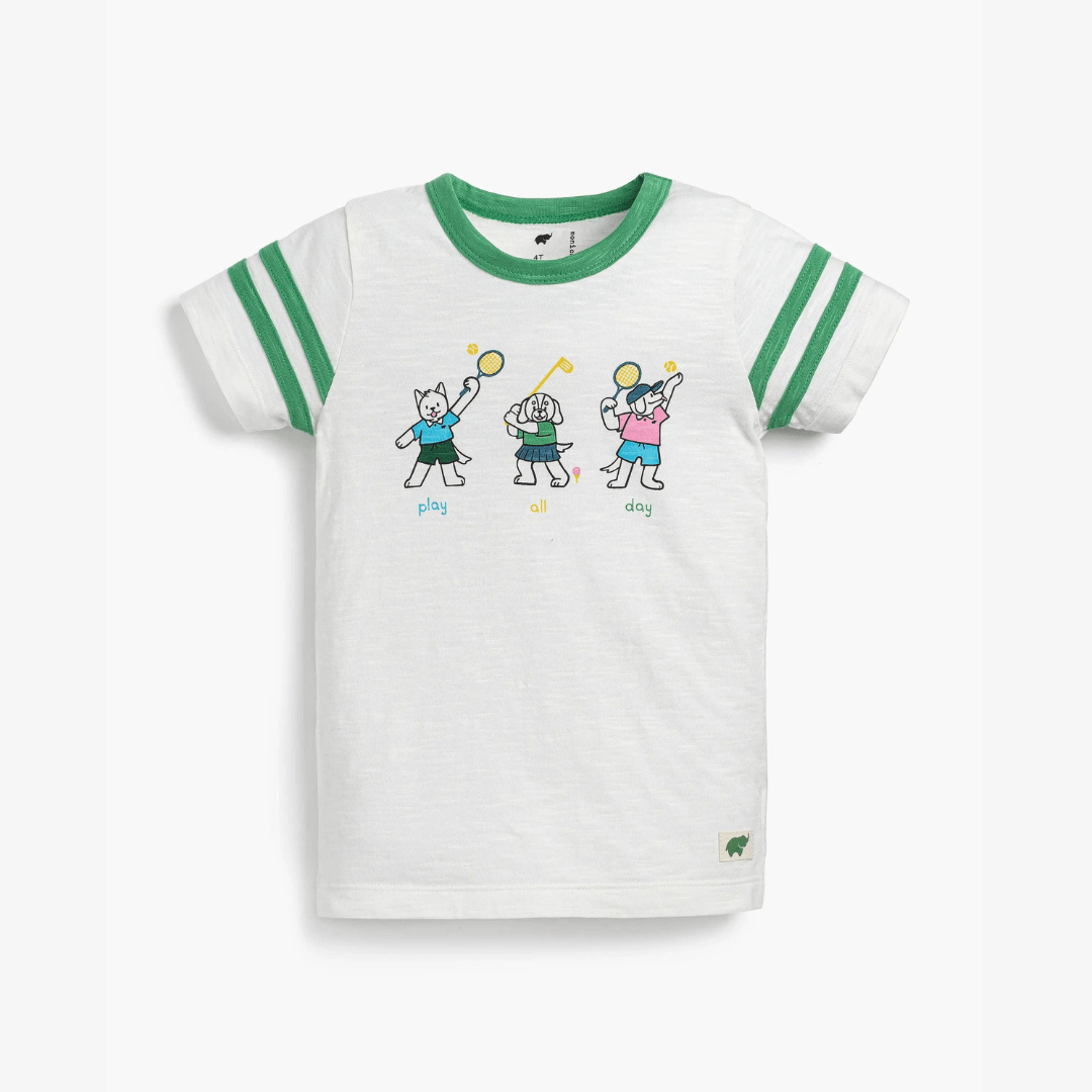 kids tennis and golf tshirt with cartoon dogs playing sports