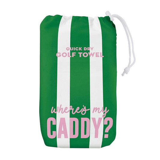 Bag for quick dry golf towel. Green and white stripes with the phrase where's my caddy at the bottom. Closure at the top.