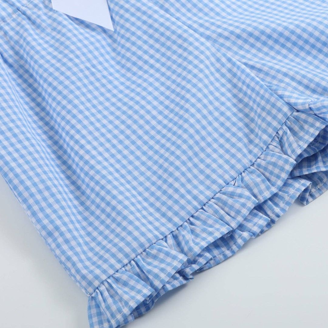 Light blue gingham ruffle hem shorts for toddler girls, soft cotton fabric with classic golf-inspired style