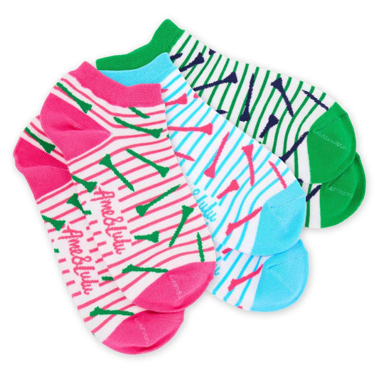 Three pairs of colorful striped ankle socks with golf tee pattern in pink, blue, and green, stacked together on white background