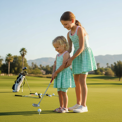 Two girls wearing matching green gingham active dresses playing golf together on a sunny golf course.