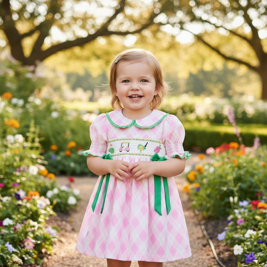 Toddler girl wearing pink golf-themed smocked dress with green bows standing in a garden