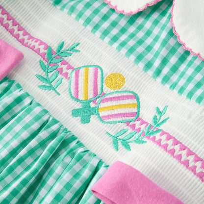 Pickleball embroidered smocked panel with paddles and ball on girls gingham dress