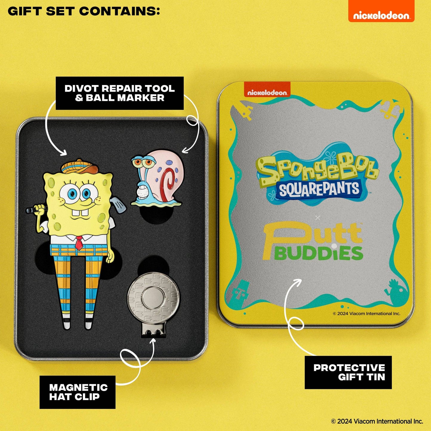 SpongeBob SquarePants divot tool gift set with Gary snail magnetic ball marker, hat clip, and protective tin on yellow background