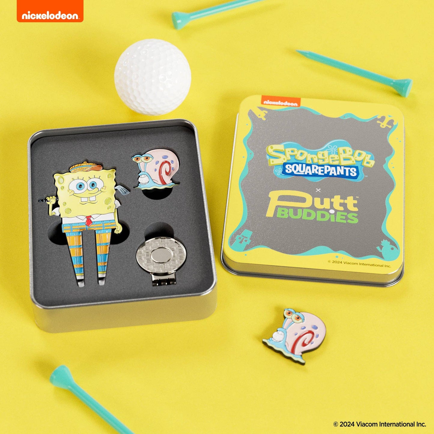 SpongeBob SquarePants golf divot tool set including divot repair tool, Gary ball marker, magnetic hat clip, and collectible tin