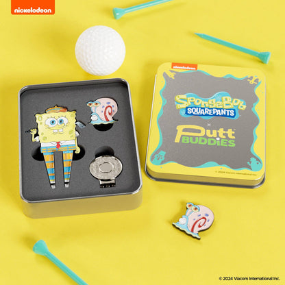 SpongeBob SquarePants golf divot tool set including divot repair tool, Gary ball marker, magnetic hat clip, and collectible tin