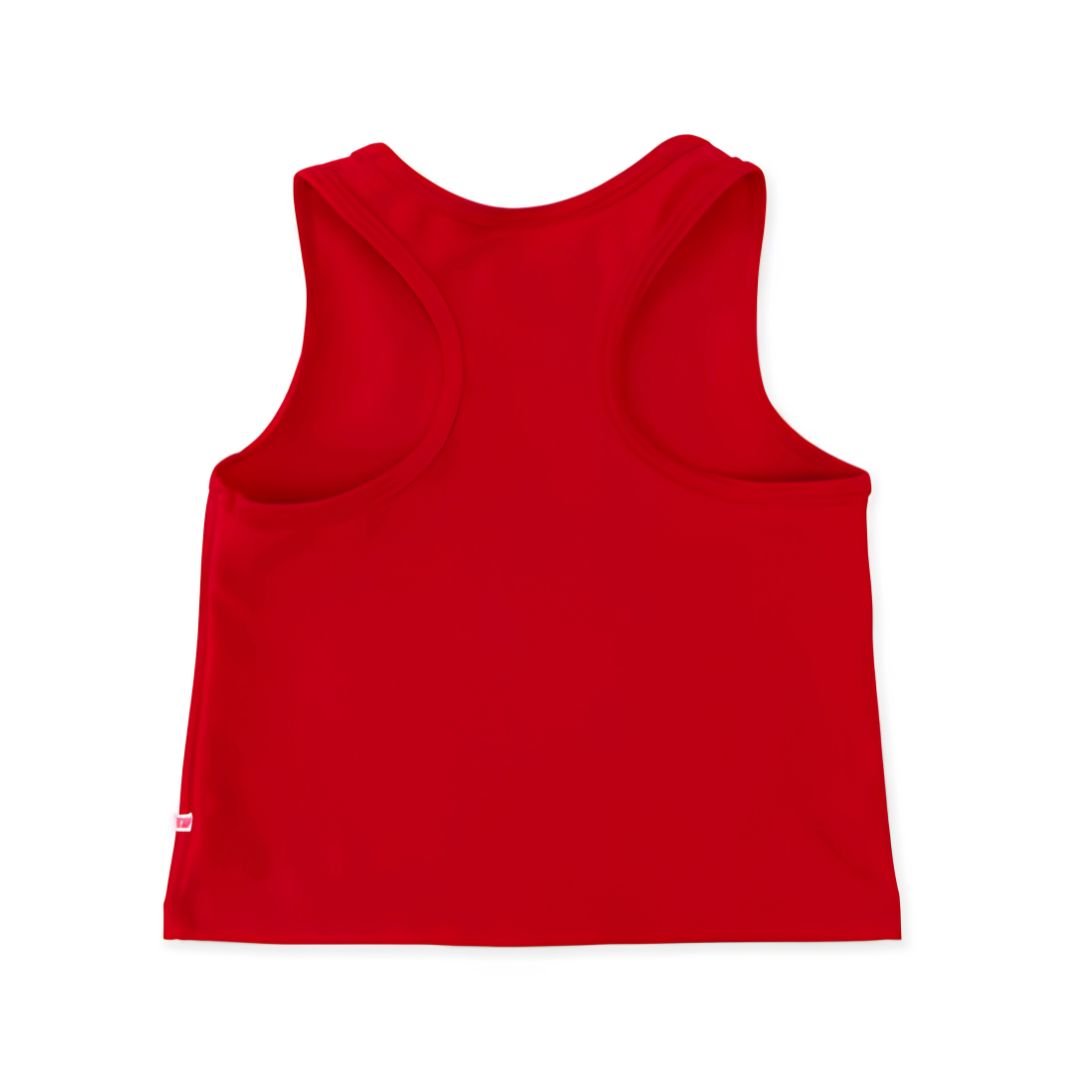 Back shot of red activewear tank top with racerback