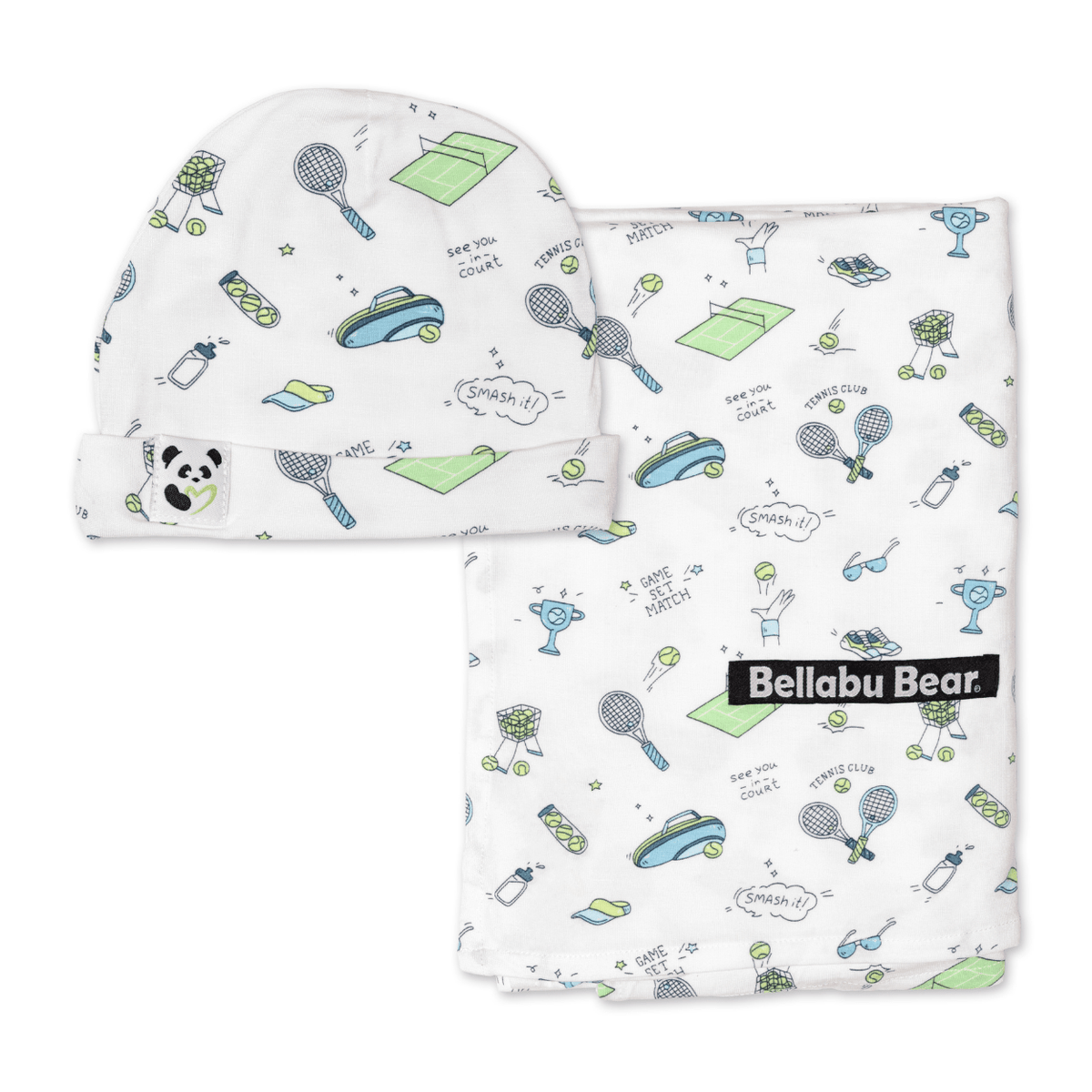 Baby hat and blanket set with cartoon Tennis designs on a white background, featuring the brand 'Bellabu Bear'.