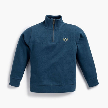 A dark blue long-sleeve quarter-zip sweatshirt with small crossed tennis rackets embroidered logo on the left chest, displayed on a clean white background.