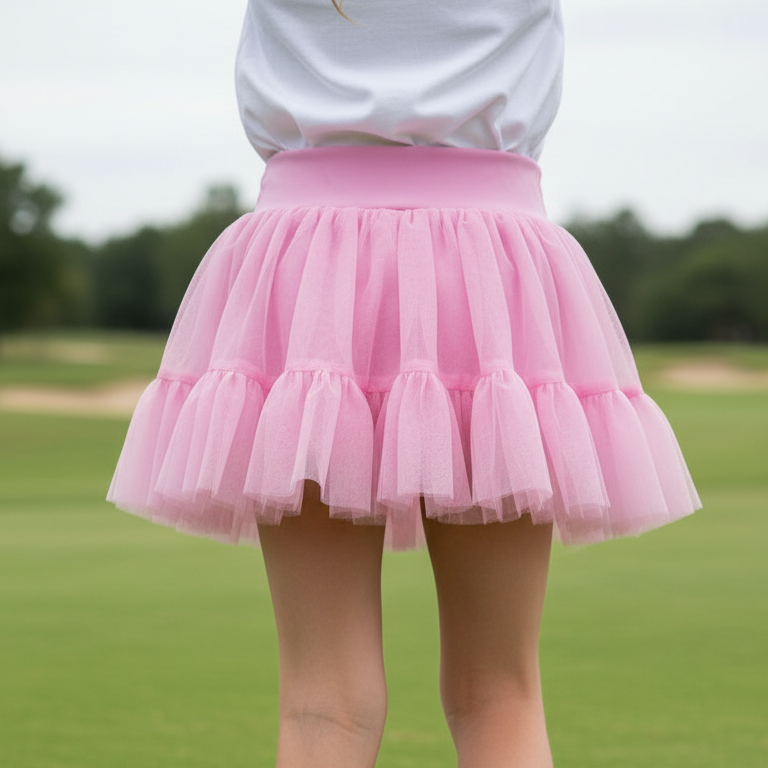 Girl wearing a carnation pink tulle athletic skort standing on a golf course, showing layered tulle skirt and comfortable active fit