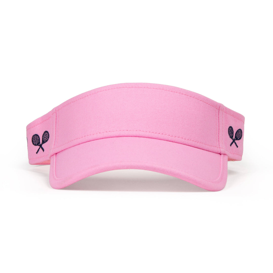 Kids pink canvas visor with embroidered tennis racquet details on the sides
