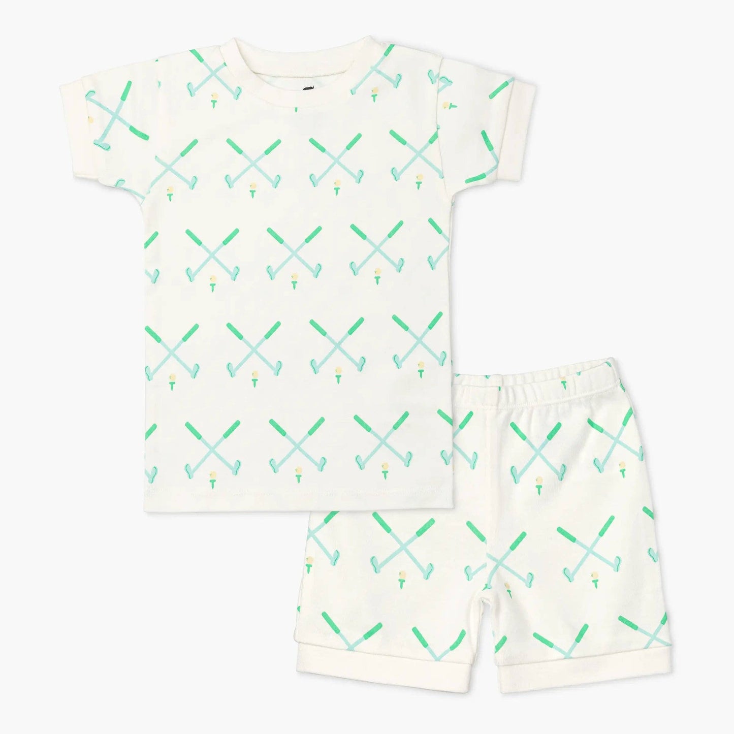 childrens golf pajamas set white with green crossed golf club pattern