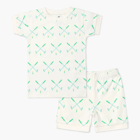 childrens golf pajamas set white with green crossed golf club pattern