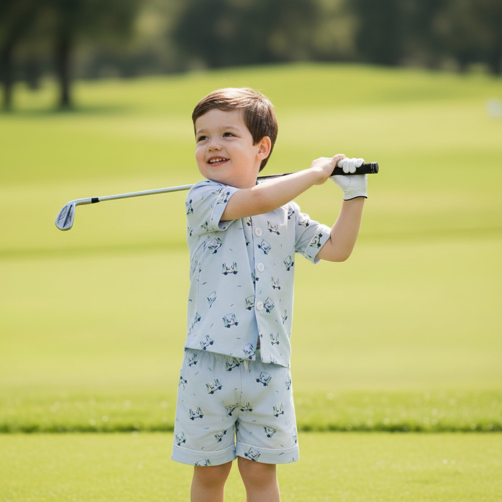 Toddler boy playing golf on a green while wearing the Tatum Boy Golf Short Set, featuring a light blue golf cart print shirt and coordinating shorts, designed for comfortable active play.