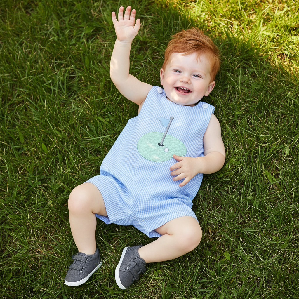 Baby wearing blue gingham golf hole shortall while lying on grass outdoors