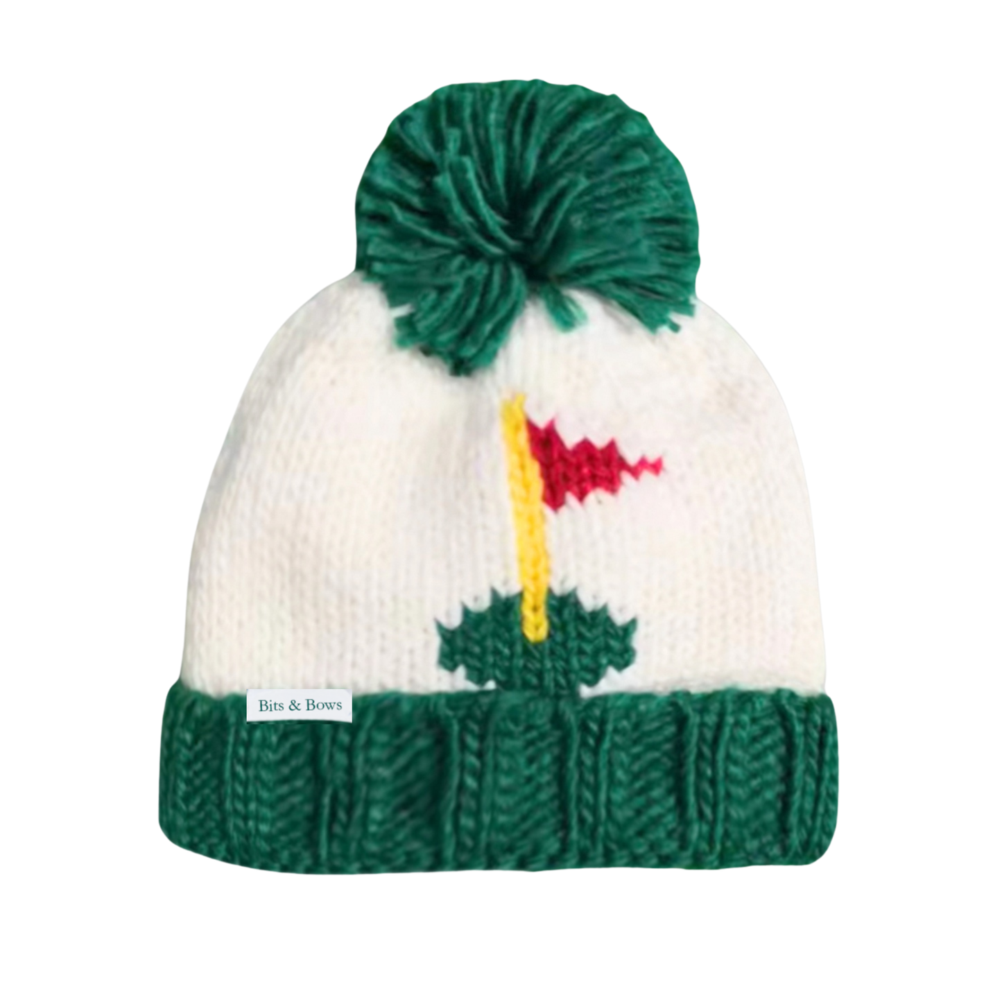 unisex kids golf beanie green with pin flag and green pom on the top
