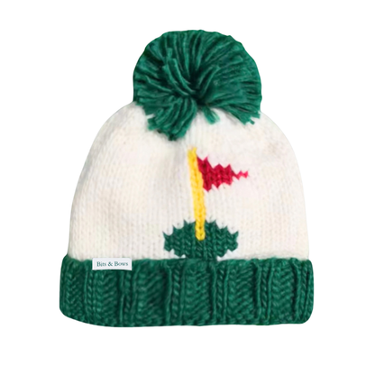 unisex kids golf beanie green with pin flag and green pom on the top