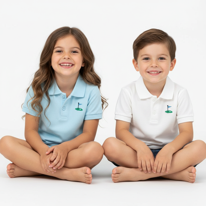 Kids wearing light blue golf pin polo shirt and white golf pin polo shirt sitting on white background