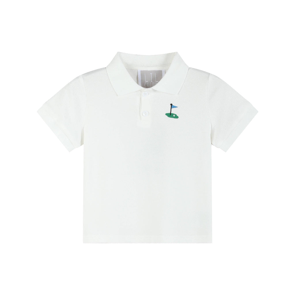 White golf pin polo shirt for kids on white background