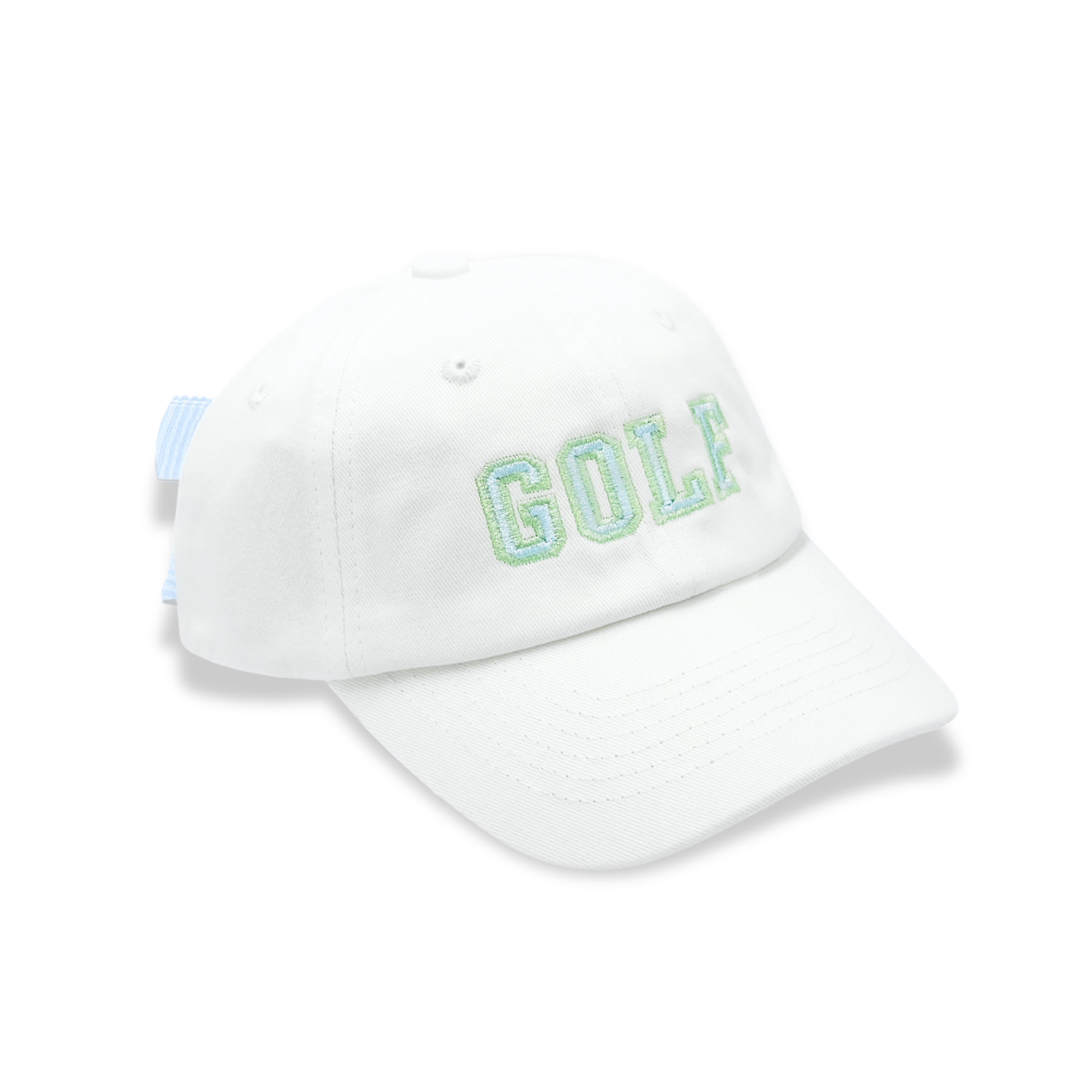 girls golf hat white with green stitched lettering and seersucker bow